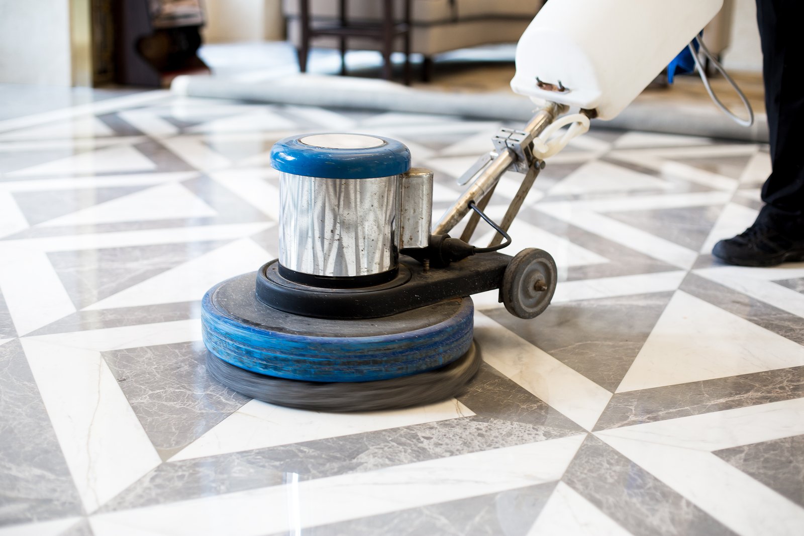 Man,Polishing,Marble,Floor,In,Modern,Office,Building